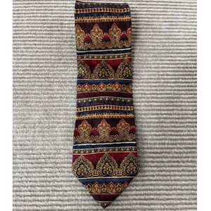 Roundtree &‎ Yorke Mens Silk Tie Burgundy Navy Gold Ornate Medallion Hand Sewn